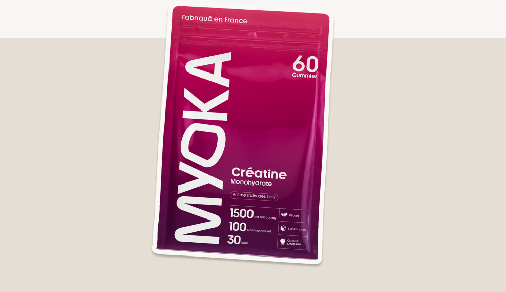 Sachet de créatine Myoka accompagné d'informations sur les bénéfices de la créatine