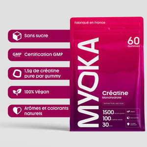 Sachet Myoka de gummies créatine fruits des bois – 60 gummies dosés à 1500 mg, fabriqué en France, certifié GMP, 100% végan, arômes et colorants naturels