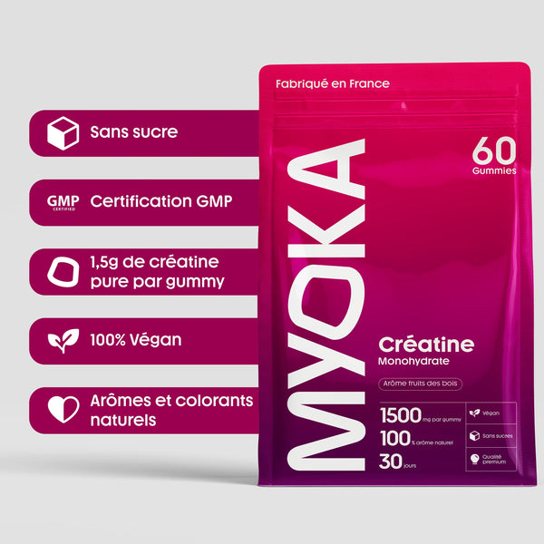 Sachet Myoka de gummies créatine fruits des bois – 60 gummies dosés à 1500 mg, fabriqué en France, certifié GMP, 100% végan, arômes et colorants naturels