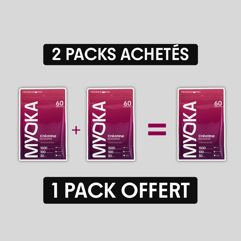 Pack 2 + 1 offert Myoka – lot de 3 sachets de gummies créatine 1500 mg, offre spéciale de 180 unités pour 3 mois
