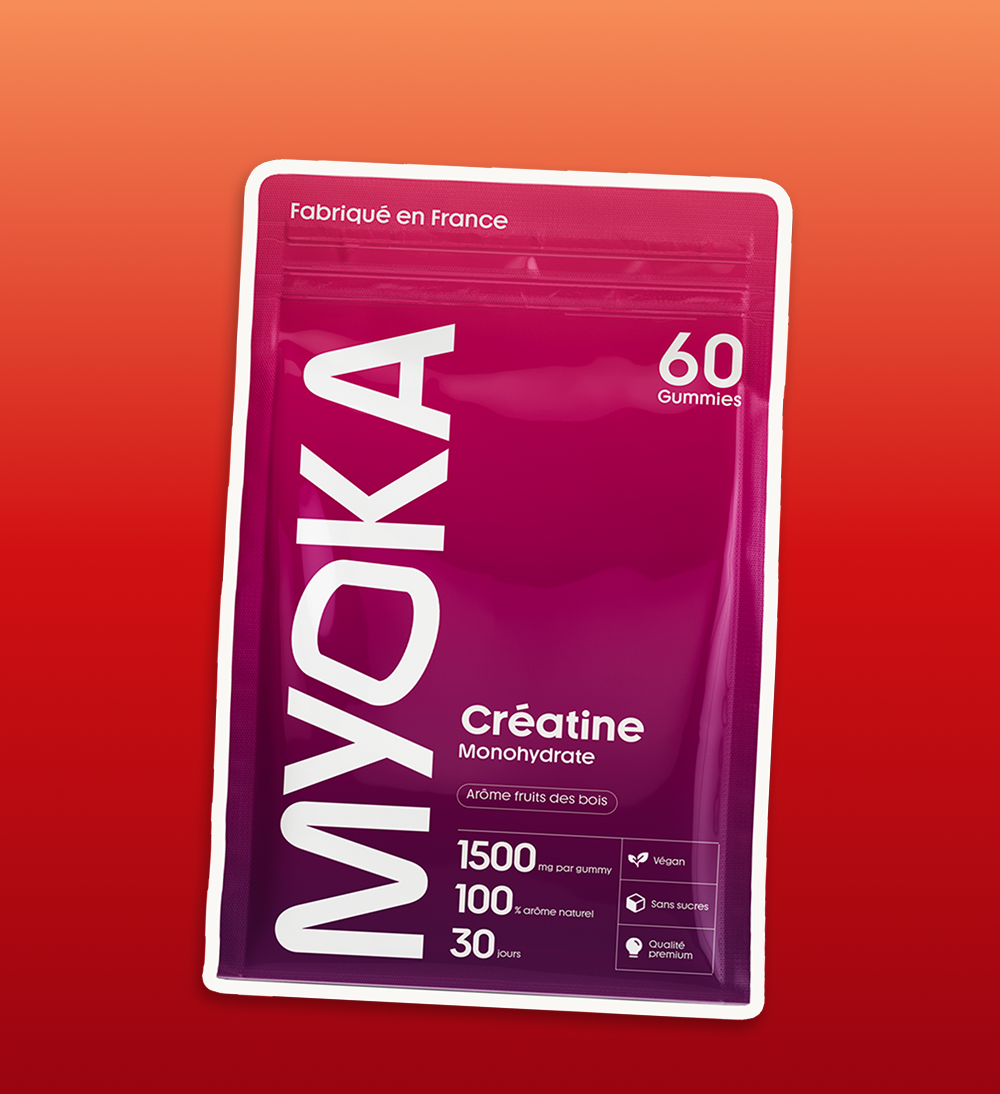 Sachet de créatine Myoka accompagné de statistiques scientifiques sur les bénéfices de la créatine