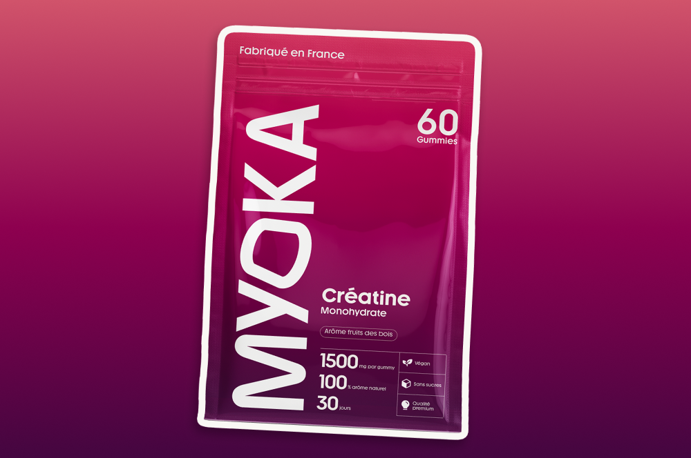Sachet de créatine Myoka accompagné d'informations sur les bénéfices de la créatine