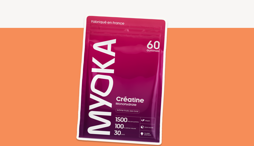 Sachet de créatine Myoka accompagné de statistiques scientifiques sur les bénéfices de la créatine